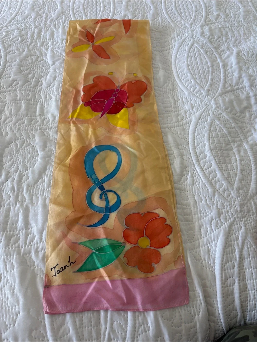 Long Floral Silk Scarf with Blue Ribbon Motif